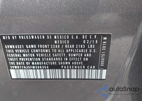 2015 Volkswagen Jetta 1.8T Se from USA, damaged, VIN 3VWD17AJ5FM306354